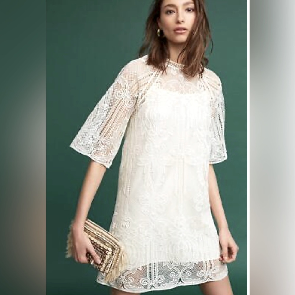 NWT Anthro eri+ ali mock neck tunic dress in ivory crochet lace Sz XS